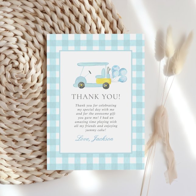 Blue Gingham Golf Boy 1st Birthday Thank You Card (Creator Uploaded)