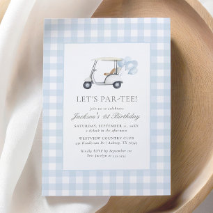 Blue Gingham Golf Boy Birthday Invitation