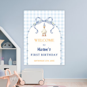 Blue Gingham Goose Boy First Birthday Welcome Poster