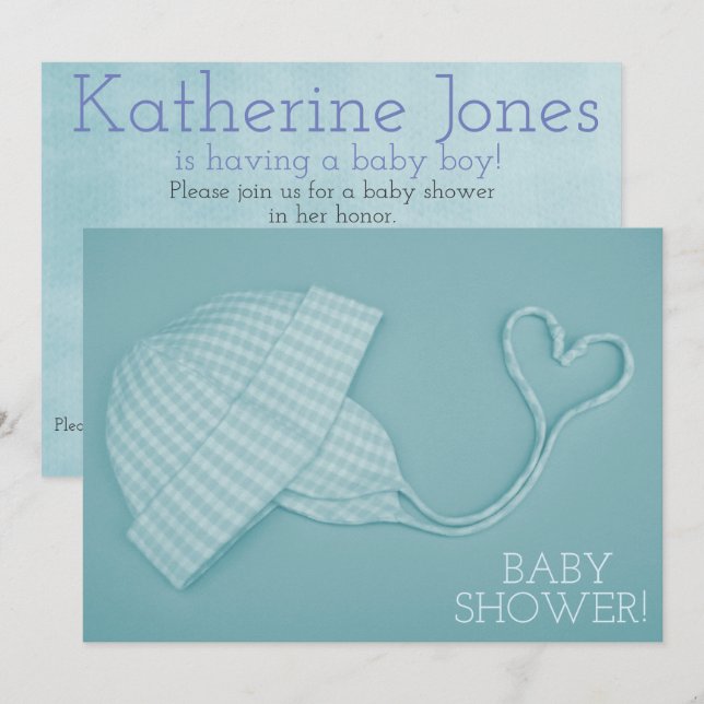 Blue gingham hat heart baby boy shower invitation (Front/Back)