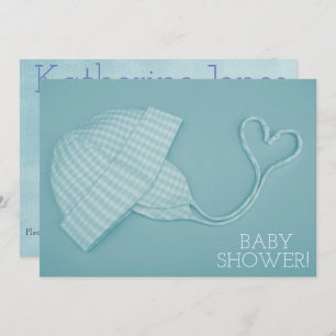 Blue gingham hat heart baby boy shower invitation