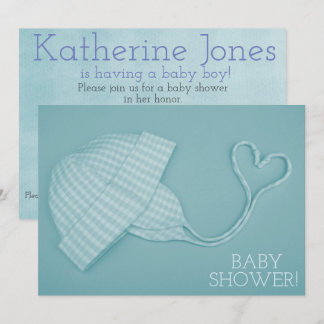 Blue gingham hat heart baby boy shower invitation