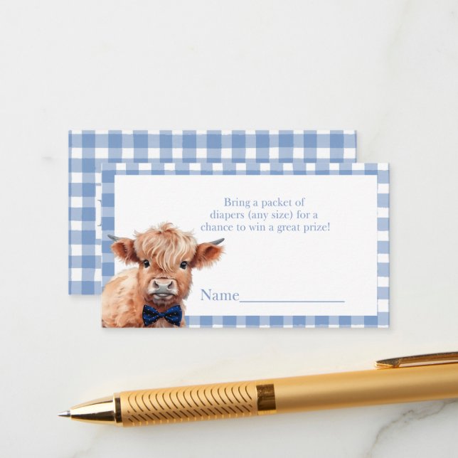 Blue gingham Highland Cow diaper raffle Enclosure Card (Front/Back In Situ)