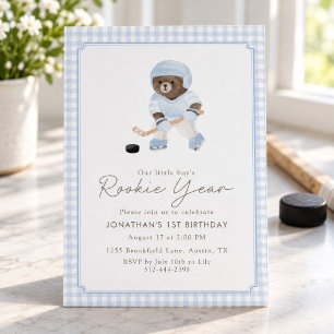 Blue Gingham Hockey Rookie Year Teddy Bear 1st  Invitation