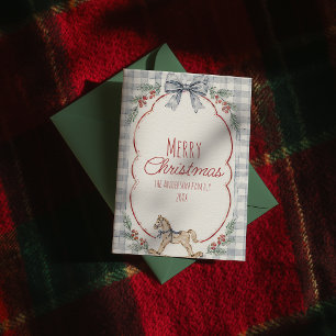 Blue Gingham Holly Berries Floral Ribbon Christmas Holiday Card