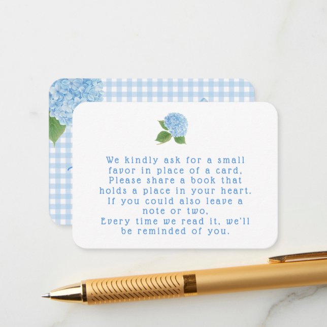 Blue Gingham Hydrangea Books for Baby Shower Enclosure Card (Front/Back In Situ)
