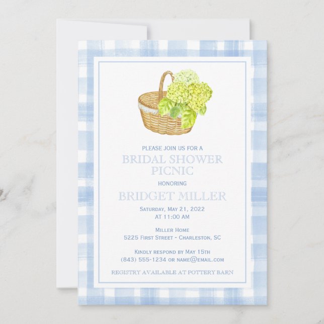 Blue Gingham Hydrangea Flower Basket Invitation (Front)
