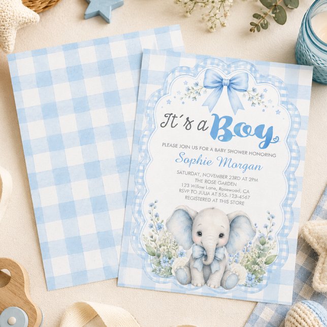 Blue Gingham It's A Boy Elephant Baby Shower  Invitation (Creator Uploaded)