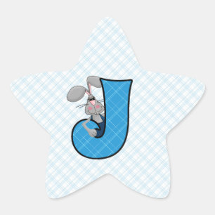 Blue Gingham Jackrabbit Monogram Letter J Star Sticker