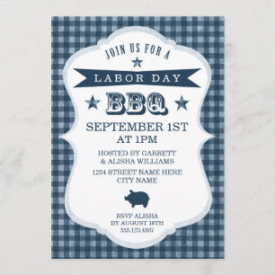 Blue Gingham Labour Day Barbecue Invitation