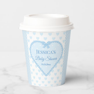 Blue Gingham Lace Heart Boy Baby Shower Paper Cups