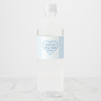 Blue Gingham Lace Heart Boy Baby Shower Water Bottle Label