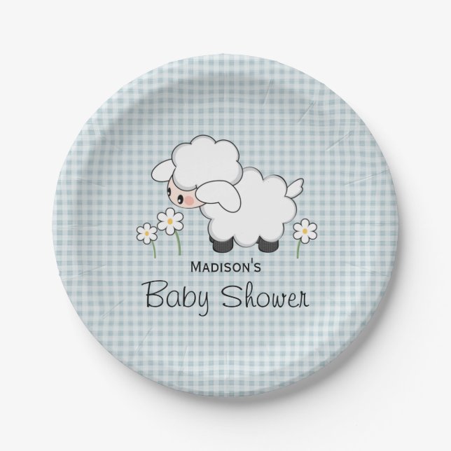 Blue Gingham Lamb Baby Boy Shower Paper Plate (Front)