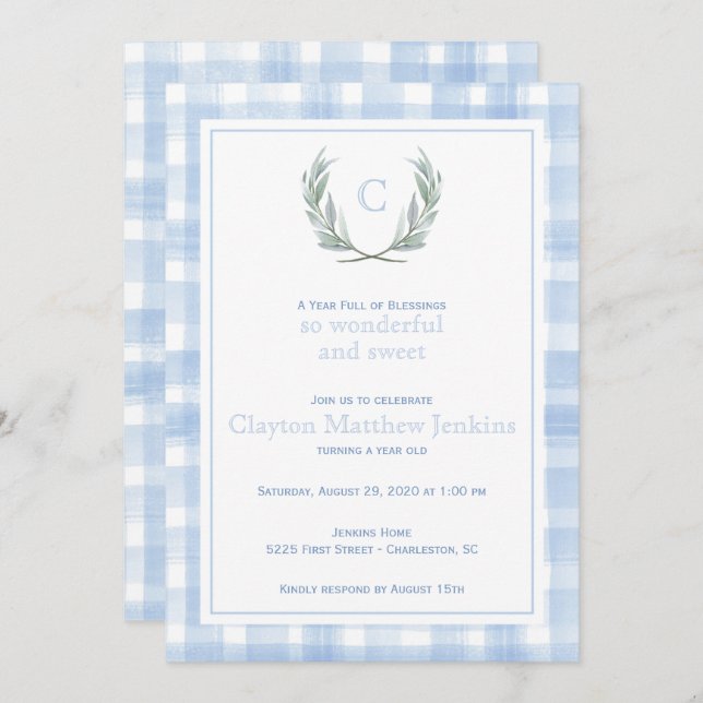 Blue Gingham Laurel Crest First Birthday Invitation (Front/Back)