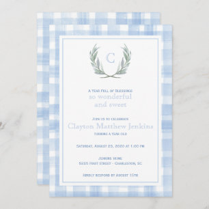 Blue Gingham Laurel Crest First Birthday Invitation
