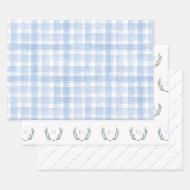Blue Gingham Laurel Crest Wrapping Paper Sheet (Set)