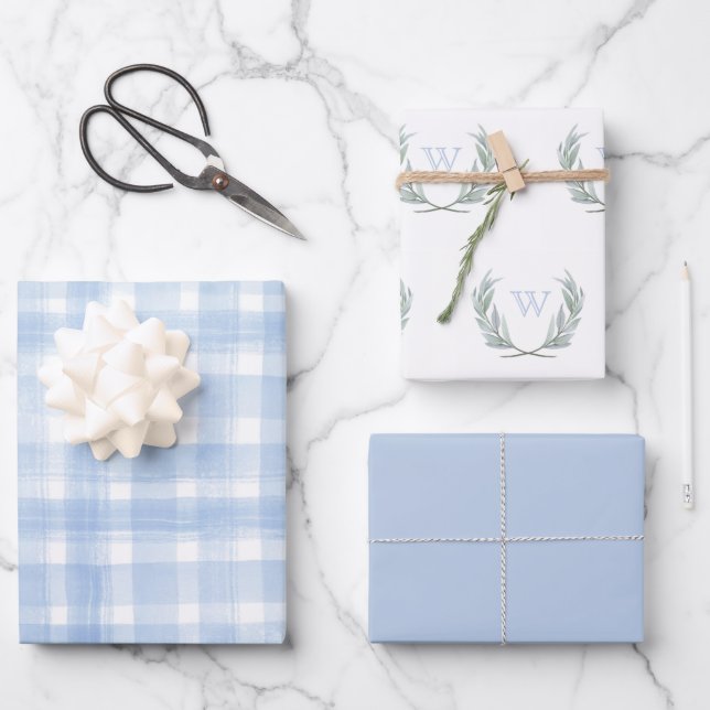 Blue Gingham Laurel Crest Wrapping Paper Sheets (Front)