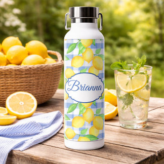Blue Gingham Lemon Name Picnic Style Water Bottle