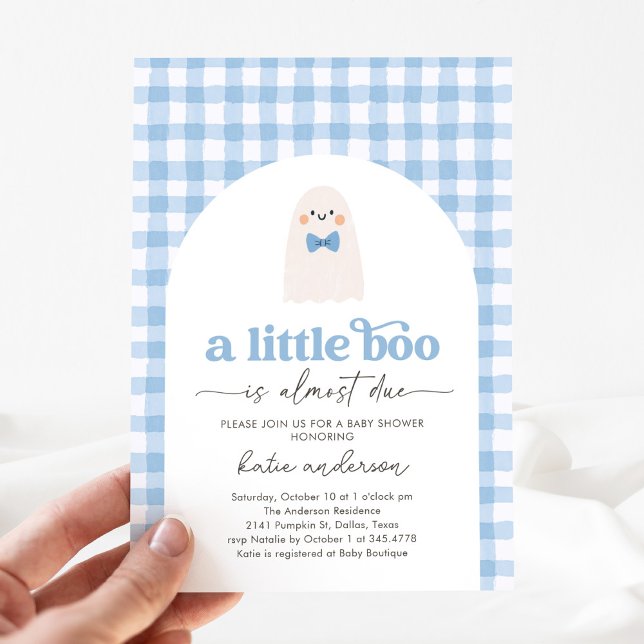 Blue Gingham Little Boo Ghost Baby Shower Invitation (Creator Uploaded)