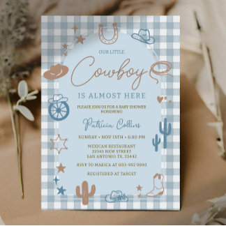 Blue Gingham Little Cowboy Wild West Baby Shower Invitation