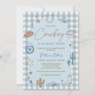 Blue Gingham Little Cowboy Wild West Baby Shower Invitation