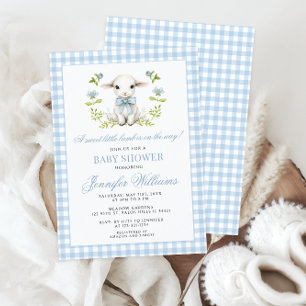 Blue Gingham Little Lamb Baby Boy Shower Invitation