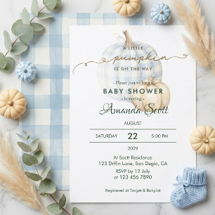 Blue Gingham Little Pumpkin Boy Baby Shower   Invitation