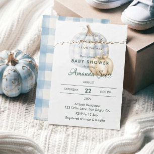 Blue Gingham Little Pumpkin Boy Baby Shower Invitation