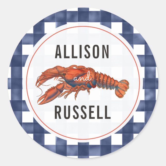 Blue Gingham Lobster Wedding Classic Round Sticker (Front)