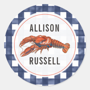 Blue Gingham Lobster Wedding Classic Round Sticker