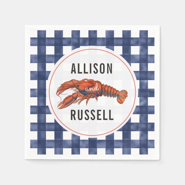 Blue Gingham Lobster Wedding Napkins (Front)