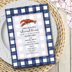 Blue Gingham Lobster Wedding Rehearsal Dinner Invitation