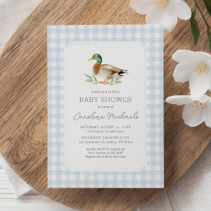 Blue Gingham Mallard Duck Baby Shower Invitation