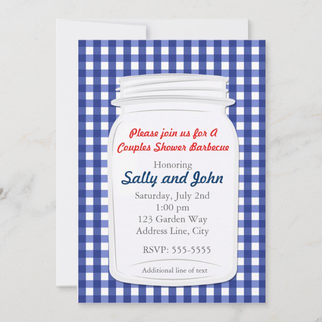 Blue Gingham Mason Jar Country Rustic Invitation (Front)