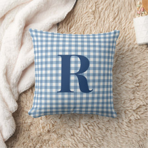 Blue Gingham Modern Monogram Cushion