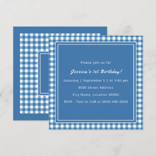 Blue Gingham Monogram Birthday Party Invitation