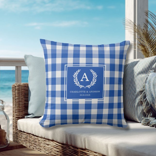 Blue Gingham Monogram Crest Cushion (Blue Gingham Monogram Crest Throw Pillow)
