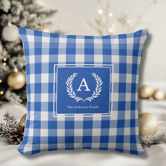 Blue Gingham Monogram Crest Cushion (Custom Blue Gingham Monogram Crest Throw Pillow)