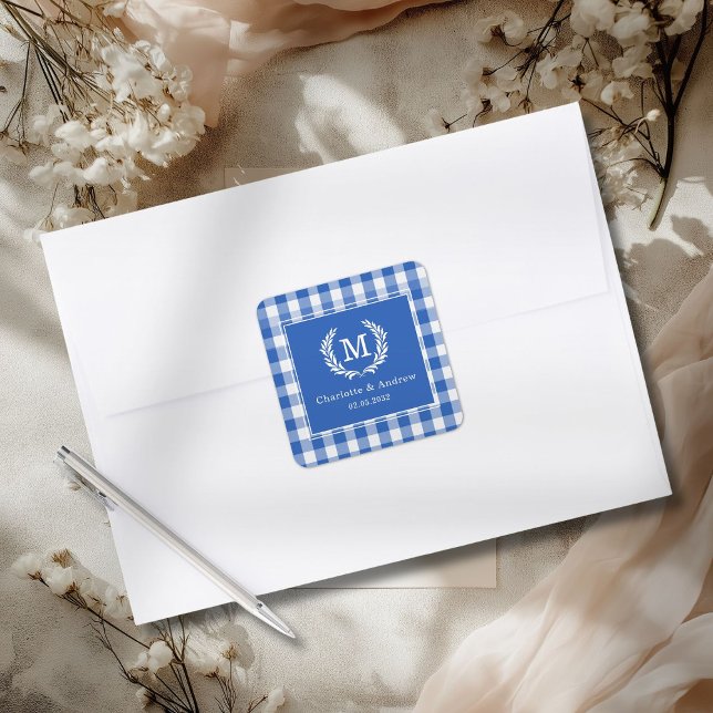 Blue Gingham Monogram Crest Custom Square Sticker (Custom Blue Gingham Monogram Crest Custom Square Sticker)