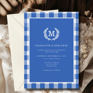 Blue Gingham Monogram Crest  Invitation