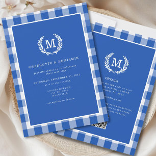 Blue Gingham Monogram Crest  QR Code Invitation