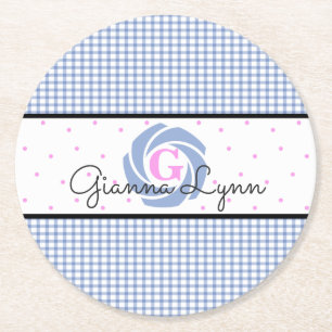 Blue Gingham Monogrammed Round Paper Coaster