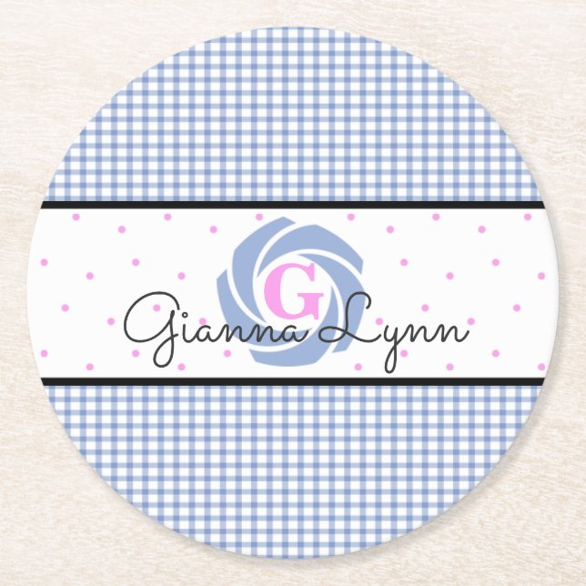 Blue Gingham Monogrammed Round Paper Coaster (Front)