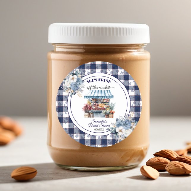 Blue Gingham Off the Market Floral Bridal Shower Classic Round Sticker (Creator Uploaded)