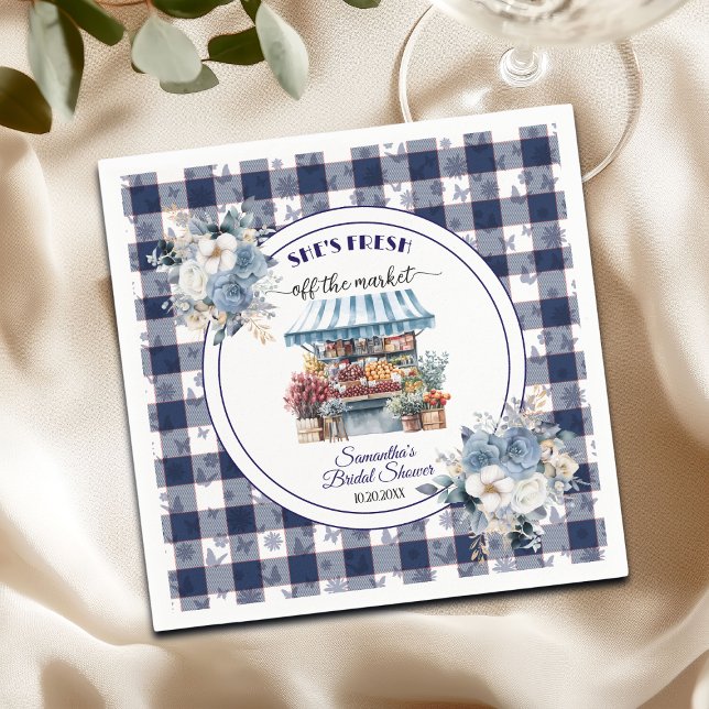 Blue Gingham Off the Market Floral Bridal Shower Napkin (Creator Uploaded)