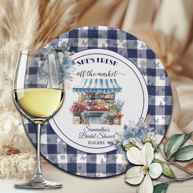 Blue Gingham Off the Market Floral Bridal Shower Paper Plate (Creator Uploaded)