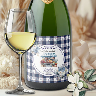 Blue Gingham Off the Market Floral Bridal Shower Sparkling Wine Label