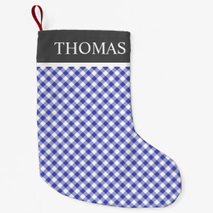 Blue Gingham Offblack Collar Custom Name Small Christmas Stocking