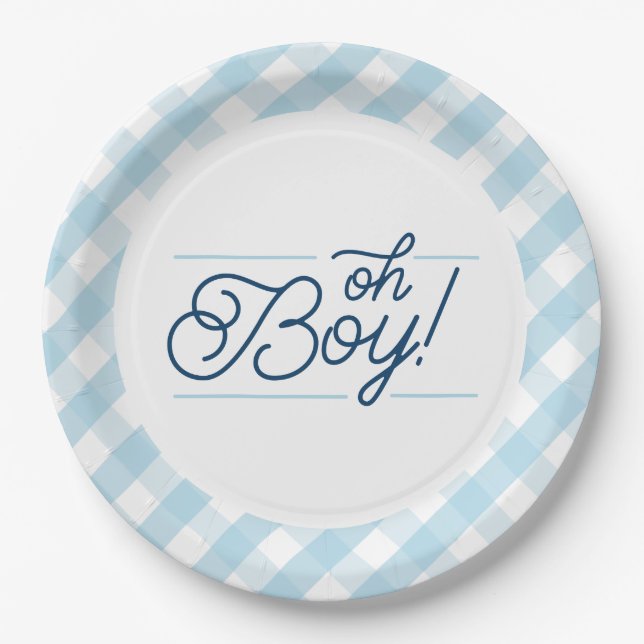 Blue Gingham "Oh Boy" Baby Shower Paper Plates (Front)