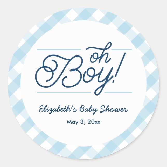 Blue Gingham "Oh Boy" Baby Shower Stickers (Front)